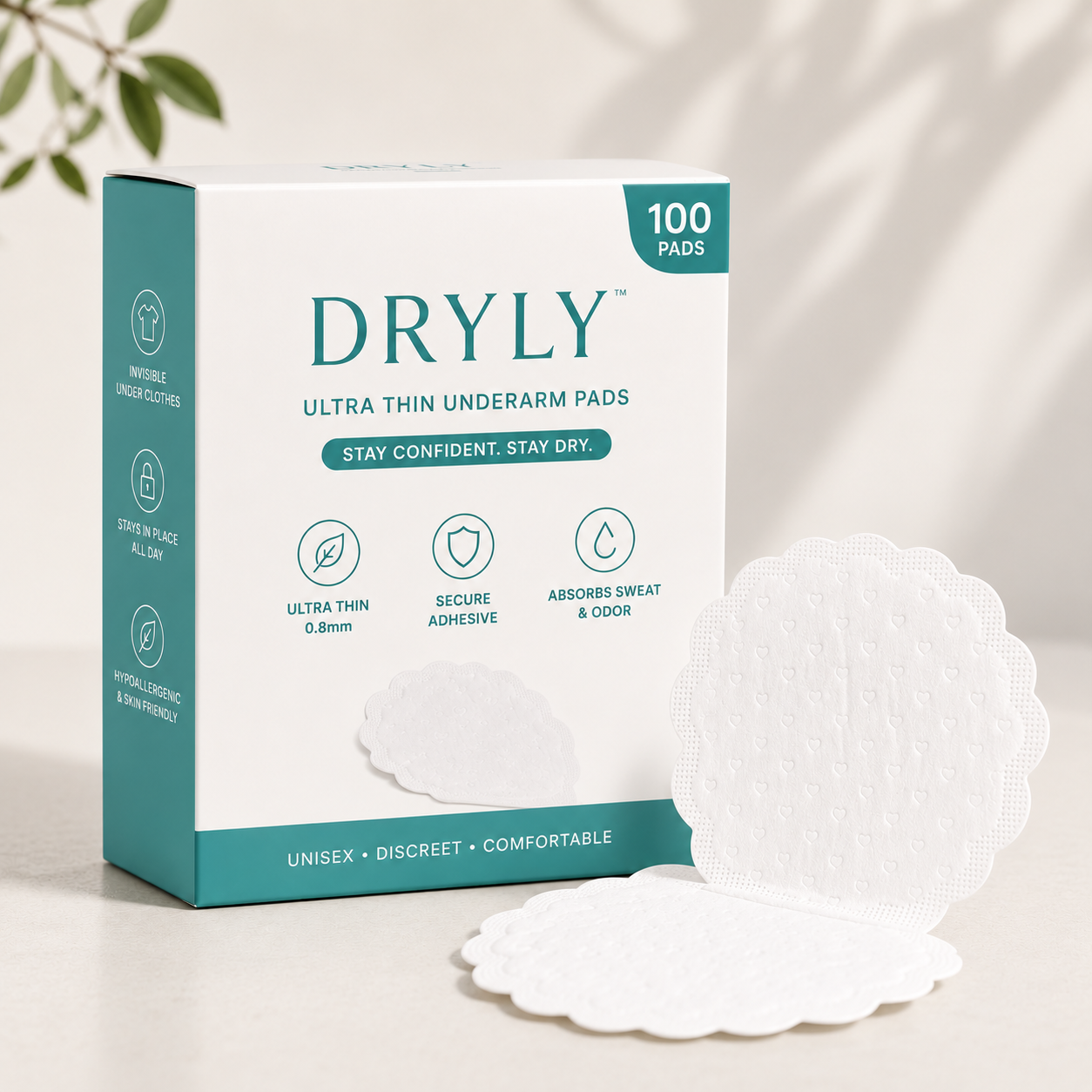 DRYLY™ Invisible Underarm Sweat Pads (100 Pads / 50 Pairs) — Aluminum-Free, Ultra-Thin, Stops Yellow Stains