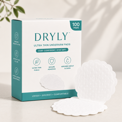 DRYLY™ Invisible Underarm Sweat Pads (100 Pads / 50 Pairs) — Aluminum-Free, Ultra-Thin, Stops Yellow Stains