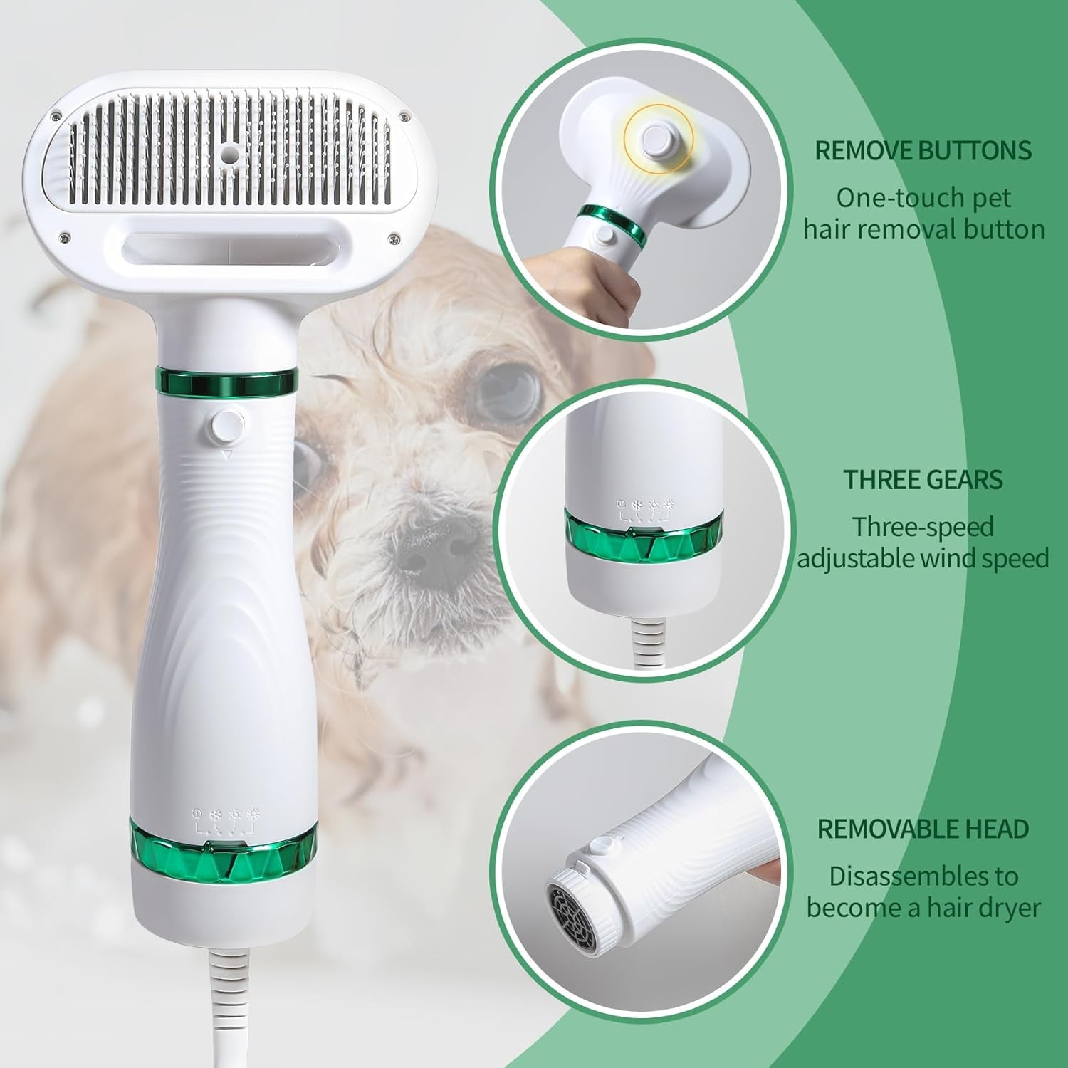 Pet Hair Dryer with Slicker Brush - 3 Heat Settings, Quiet, Dries & De-Sheds