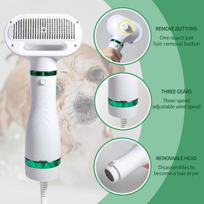 Pet Hair Dryer with Slicker Brush - 3 Heat Settings, Quiet, Dries & De-Sheds