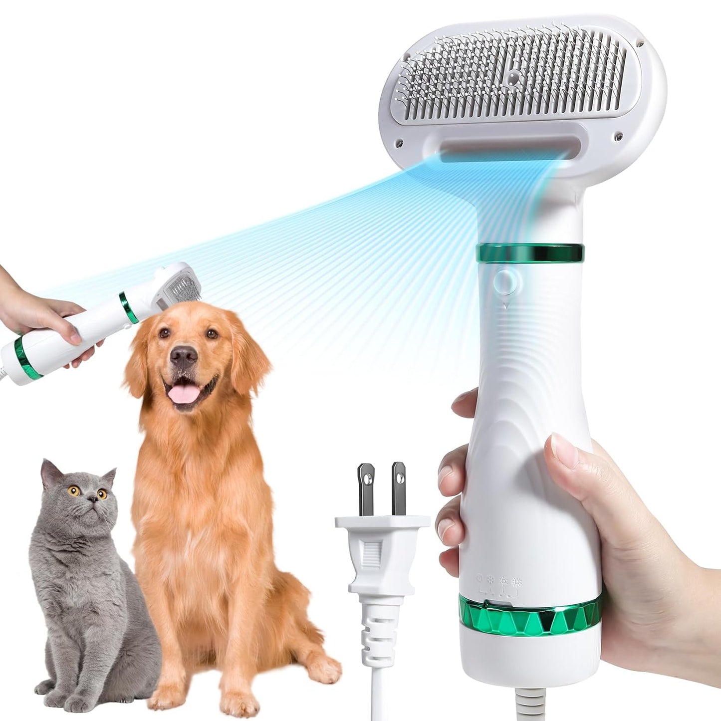 Pet Hair Dryer with Slicker Brush - 3 Heat Settings, Quiet, Dries & De-Sheds