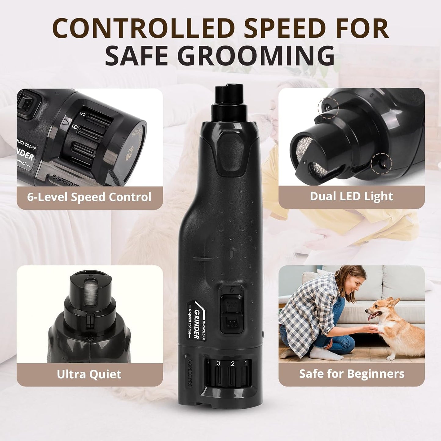 Silent Dog & Cat Nail Grinder — Painless, Stress-Free Trim (USB, 6 Speeds, LED Light)