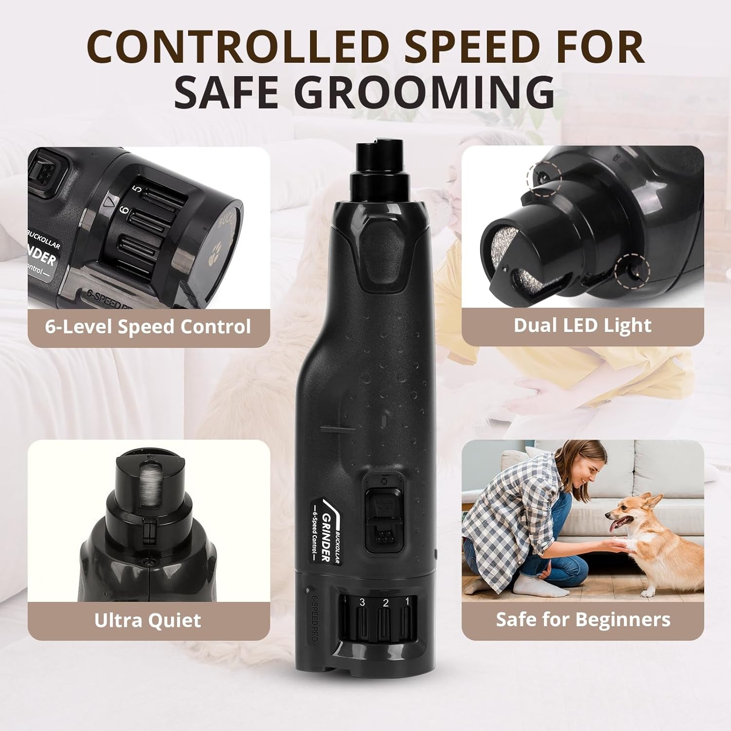 Silent Dog & Cat Nail Grinder — Painless, Stress-Free Trim (USB, 6 Speeds, LED Light)