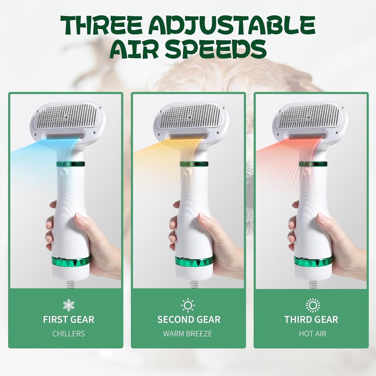 Pet Hair Dryer with Slicker Brush - 3 Heat Settings, Quiet, Dries & De-Sheds